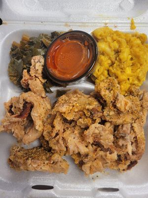 Updated for 4/2024 - Fried Chik'n Oyster Mushrooms with collards and mac & cheese at Ve-Go in Charlotte