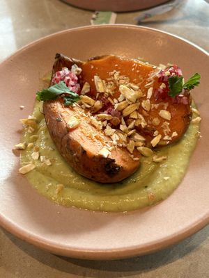 Sweet potato with delicious citrus avocado sauce  at Mudra in Buenos Aires