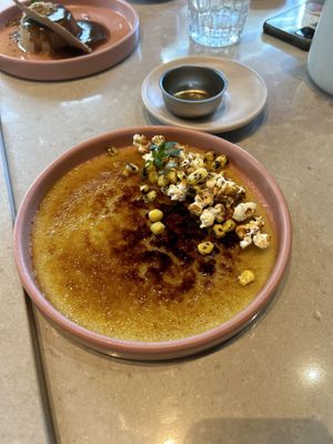 Crème brûlée with popcorn do try it!  at Mudra in Buenos Aires