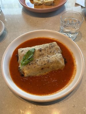 Cannoli with vegetables and the decimal sauce baked on top; not my favorite  at Mudra in Buenos Aires