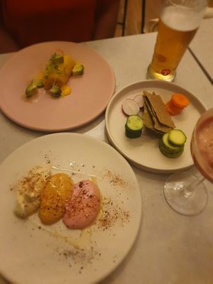 Hummus mix and causa (potato roll) at Mudra in Buenos Aires