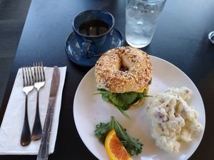 "Egg" and avo bagel sandwich at Bruchelle's in Covington