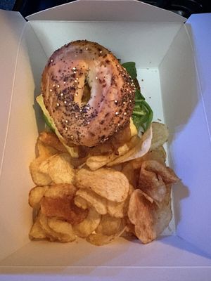 Vegan breakfast sandwich with gluten free bagel   at Bruchelle's in Covington