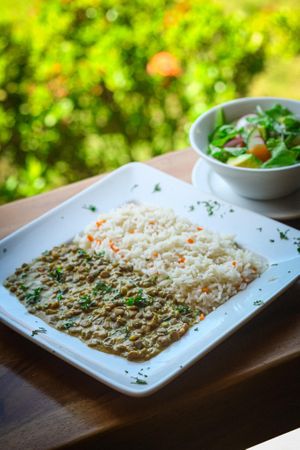 Lentejas con curry al coco, servido con una fresca ensalada verde de lechuga Organica     Un superalimento rico  en nutriente y fibra at Gaia Forest Cafe & Market in Granada