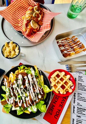 Loaded fries, hot dog, mac and cheese side, cheese sticks side - seriously delicious!  at Feed Me Fully Loaded in Nottingham