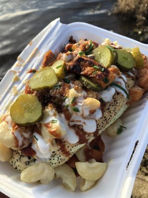 Hot dog loaded with mac n cheese and bbq pieces etc at Feed Me Fully Loaded in Nottingham