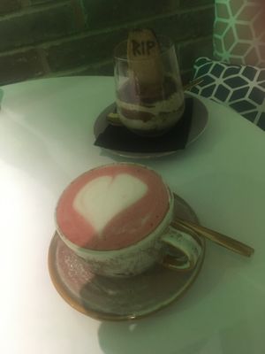 Rose oat latte and a spooky version of the pistachio tiramisu for Halloween at Erpingham House in Brighton