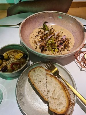 Warmed olives and hummus at Erpingham House in Brighton