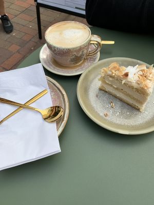 Oat milk coffee and cake at Erpingham House in Brighton