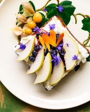 Fresh fruit and garden flowers grown in our garden. We bake the bread and make our own cheese. at Black Duck Cafe in Sackville