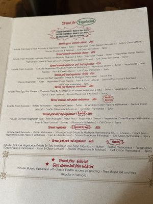 The vegetarian page of the menu   at An Bread & Cafe in Hanoi