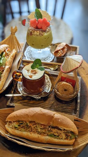 Bread Vegetarian, Bread Grill Beef BBQ Vegetarian, Coconut Coffee, Avocado and Coconut Smoothie at An Bread & Cafe in Hanoi