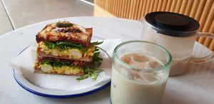 No eggs and bacon, iced sticky chai at Bootleg Sandwiches in Woollarah