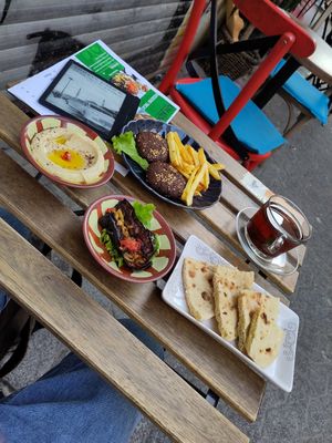 Main course ~65 TL and Egyptian tee at Plantbased Egyptian Eatery in Istanbul