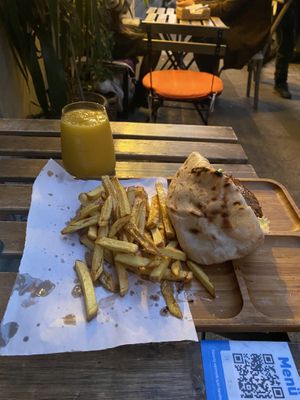 Vegan burger and fries   at Plantbased Egyptian Eatery in Istanbul