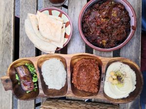 Aubergine dish and 4 different mezze at Plantbased Egyptian Eatery in Istanbul