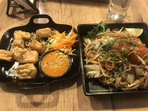 Fried tofu with peanut sauce and chow mei (bami with home made sauce)    at The Noodle Bar in Brussels
