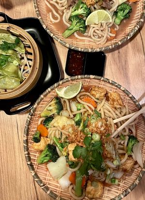 Dumplings de vegetais e udon noodles teryaki  at The Noodle Bar in Brussels