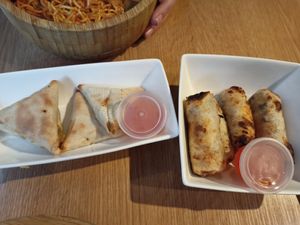 Spring rolls and samosas at Woké in Louvain-la-neuve