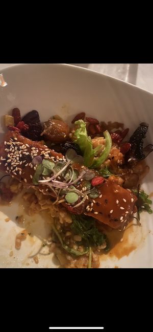 Teriyaki Tempeh with risotto (half-eaten)  at Emeralds at Anse Chastanet Resort in Soufriere