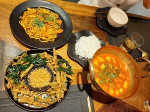 fried morning glory, tomyun soup, satay spaghetti at Wai Thai in Hanoi