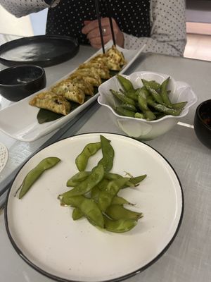 Fried gyoza and edamame   at Mame Ostrichina in Naples