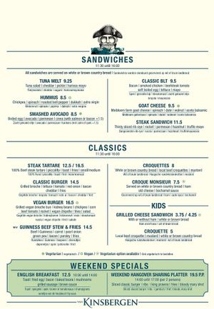 Menu from website  at Gastropub Van Kinsbergen in The Hague