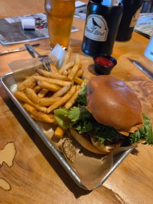 Black beans burger and fries at Rare Bird Brewpub in Traverse City