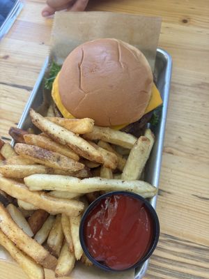 Vegan burger plated  at Rare Bird Brewpub in Traverse City