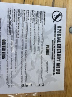 Vegan menu  at Rare Bird Brewpub in Traverse City