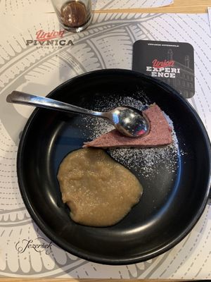 Vegan raw cake and apple puree  at Pivnica Union in Ljubljana