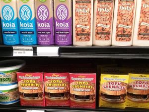 Tofu crumbles and some non-dairy drinks at Seed to Table Market in Naples