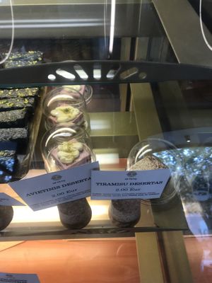 Raspberry dessert (left) at 10 Tiltu in Klaipeda