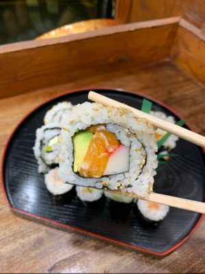Vegan salmon roll.  at Kuru Kuru Sushi in Leicester