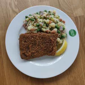 Vegan Snitzel with potato salad at Vegan Om in Bratislava