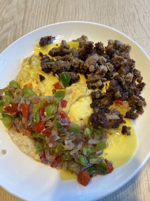 I built my own vegan bowl with grits, egg, sausage, cheese and peppers & onions. You can get it over potatoes, too!  at Cultivate Food & Coffee in Atlanta