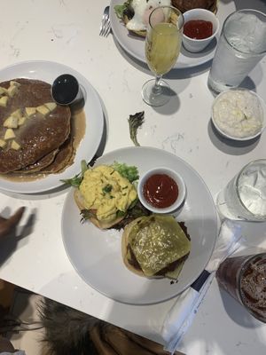vegan brunch stack pictured w/ vegan cheese grits at Cultivate Food & Coffee in Atlanta