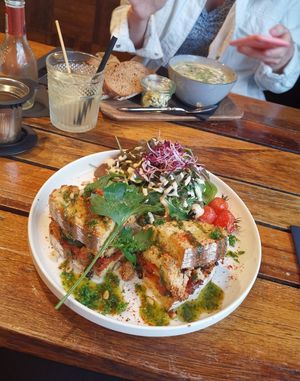 Toast with homemade vegan ricotta and grilled vegetables at Marcel in Sint-niklaas