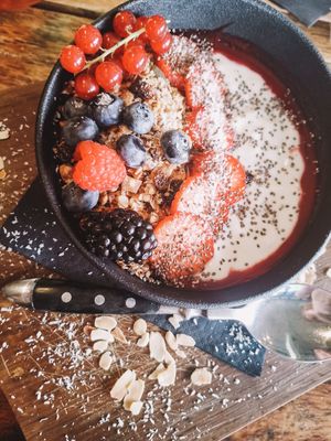 Breakfast: soy yoghurt with fresh fruit, homade granola and raspberry sauce. This was delicious. at Marcel in Sint-niklaas