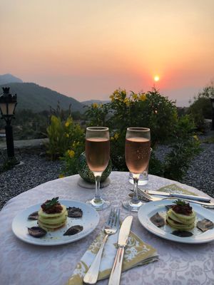 3 course evening meals in front of the setting sun. Vegan Zuccini stackers, drizzled with Palace Gokbel organic extra virgin olive oil. (Starter) at Palace Gökbel in Dalyan