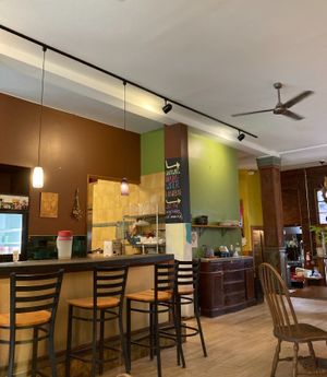 Interior seating at The Root Cafe in Lakewood