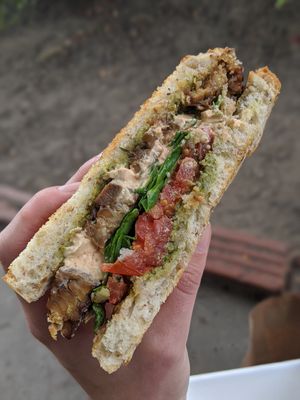 Culture sandwich (tempeh, pesto, spinach, tomato, chipotle aioli) at The Root Cafe in Lakewood