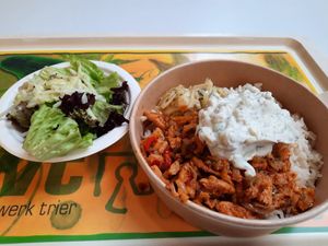 Sojagyros mit veganem Tsatsiki und Reis at Mensa Tarforst in Trier