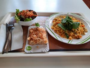 Gericht mit Coucous, veganer Apfelkuchen mit Mandeln at Mensa Tarforst in Trier