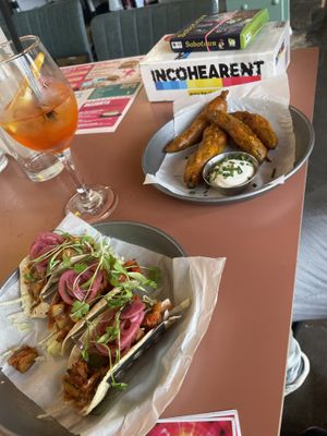 Courgette tacos and fried pickles   at Chance & Counters in Birmingham