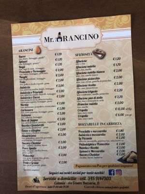 The menu  at Mr. Arancino in Catania