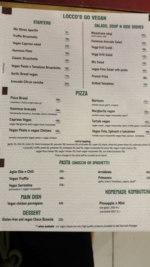 Vegan manue  at Locco's Pizza Bar in Koh Phangan