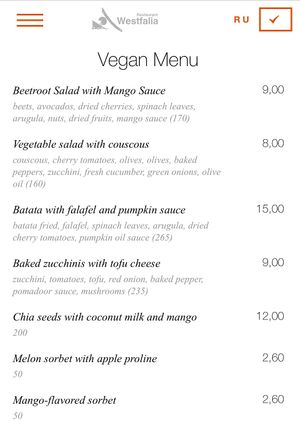 Menu at Westfalia  in Minsk