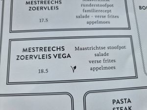 Zoervleis, labelled as vega (vegetarian) but waiter confirmed it is vegan at Local in Maastricht