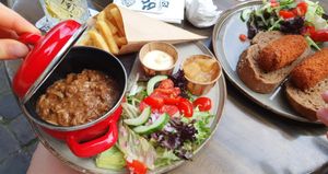 Vegan Mestreechs Zoervleisch (stew) with apple sauce and fries & Vegan draadjesvleesch kroketten at Local in Maastricht